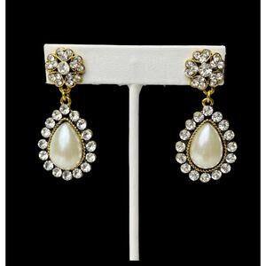 Amrita Singh Earrings Faux Pearl Teardrop Rhinestone Dangle Gold Tone Drop